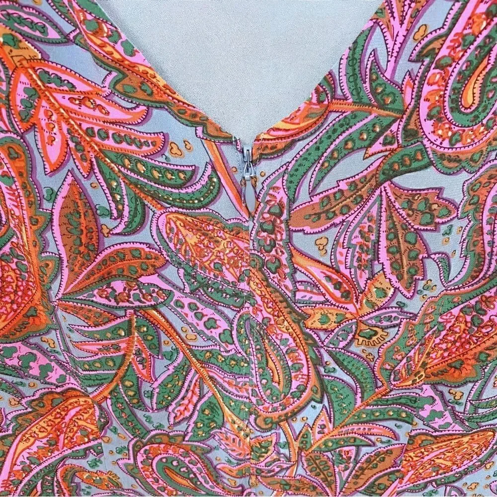 J. Crew Silk Paisley Print Mini Dress Short Sleeve Ruffles Pink Blue Green 8